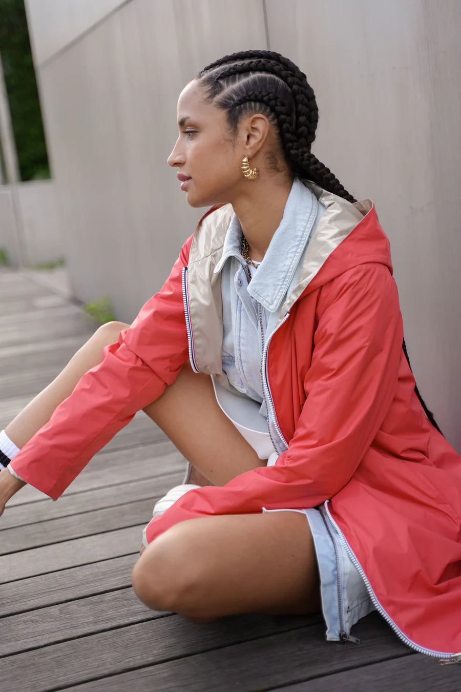 Laura Jo - Imperméable réversible long sans garnissage ouate couleur corail/doré