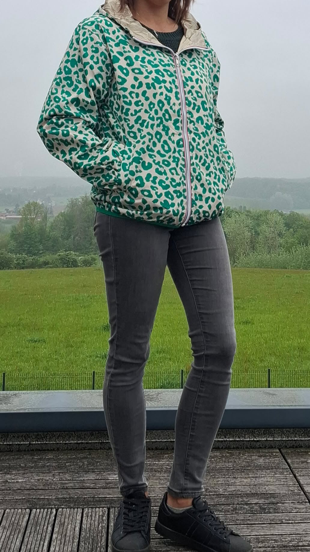 Escandelle - Parka imperméable courte Léopard vert réversible doré