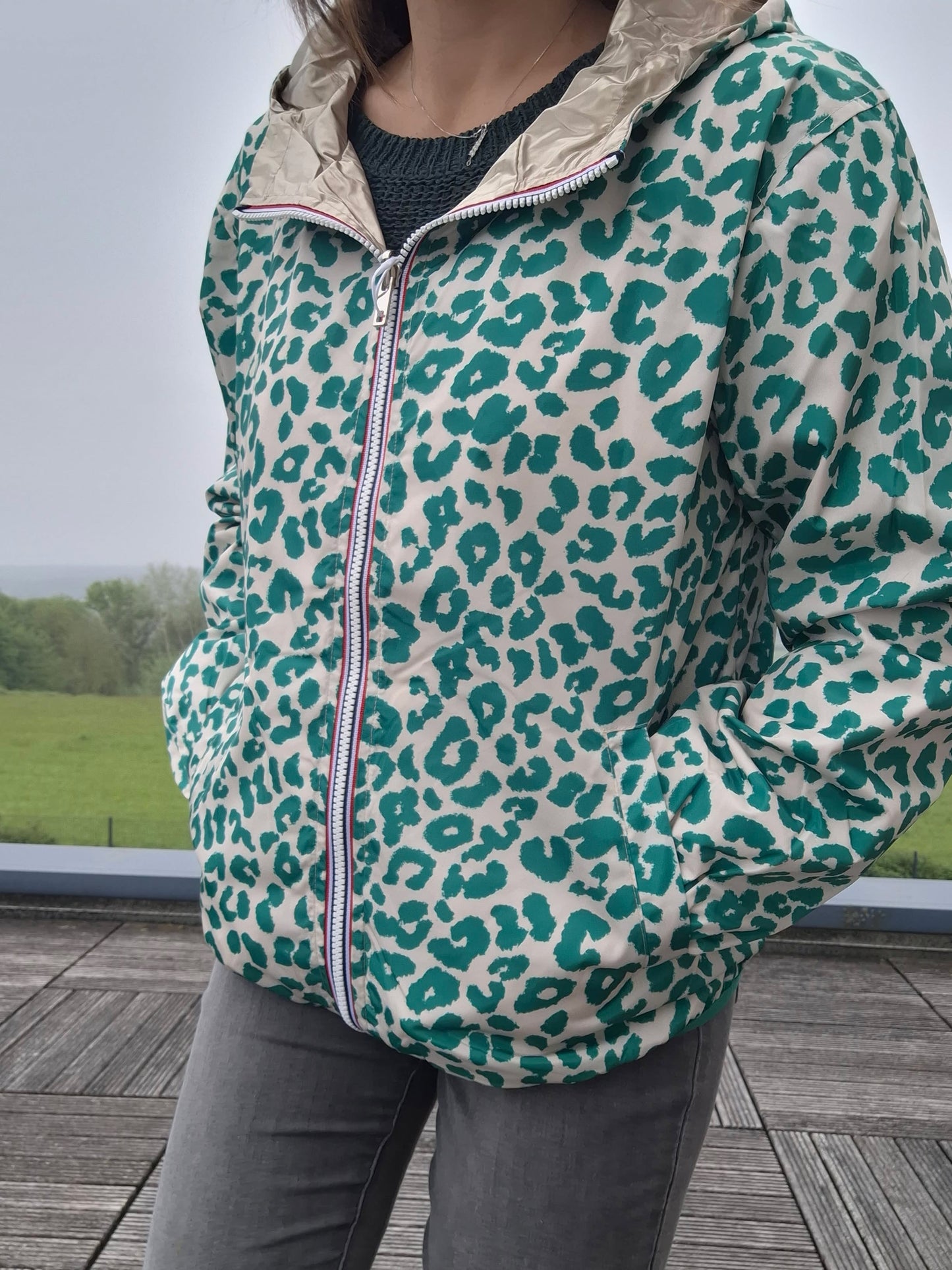 Escandelle - Parka imperméable courte Léopard vert réversible doré