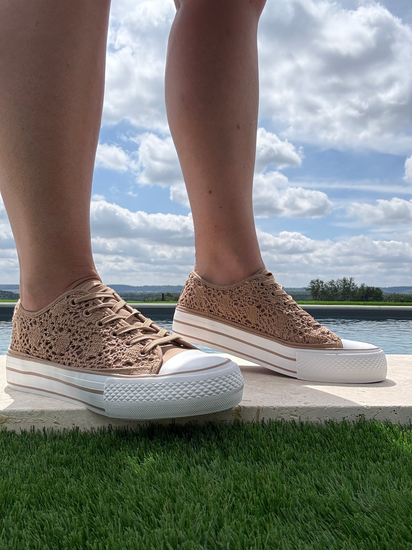 Chaussures baskets basses à dentelle beige foncé en tissu style converse