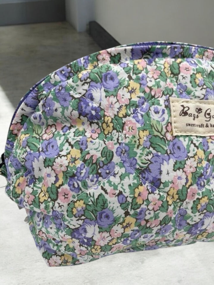 Trousse de toilette maquillage coton matelassé liberty violet parme et vert