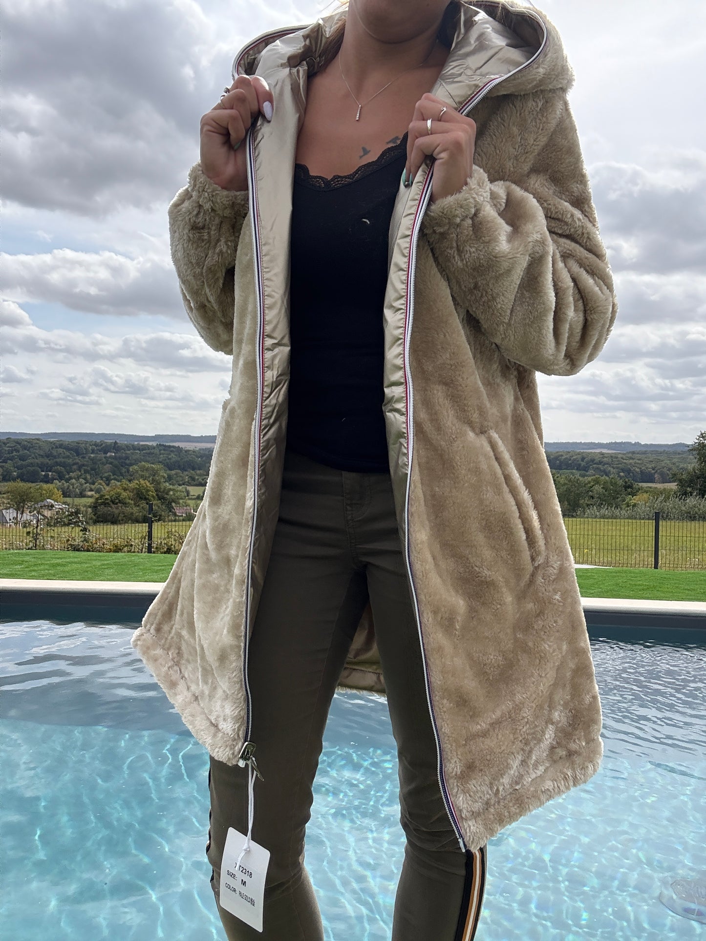 New Lolo - Manteau long doré réversible imperméable fourré fausse fourrure - Curvy