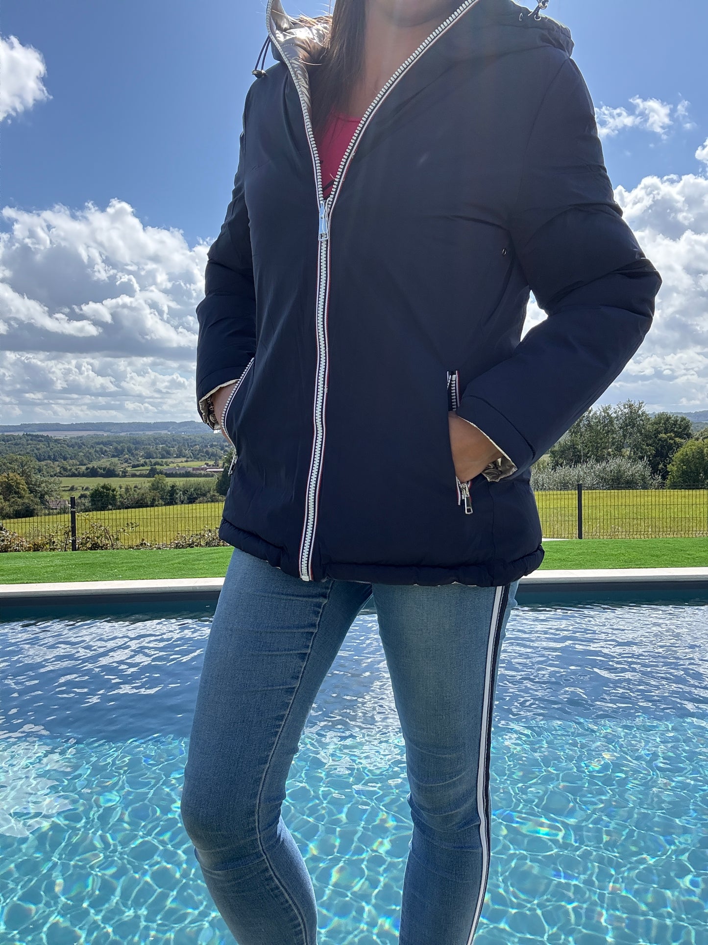 Melya Melody - Manteau court réversible et imperméable matelassé bleu marine/doré