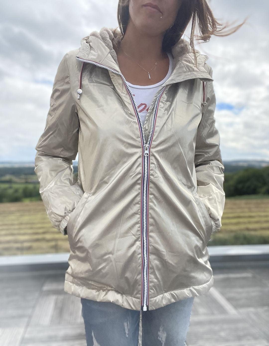 Laura Jo - Imperméable mi long doublé en fausse fourrure cordon tricolore couleur doré