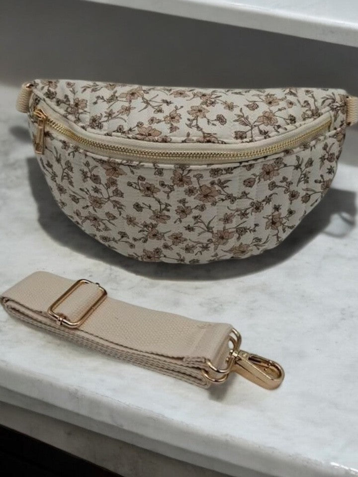 Sac banane en coton matelassé liberty fleuri beige taupe