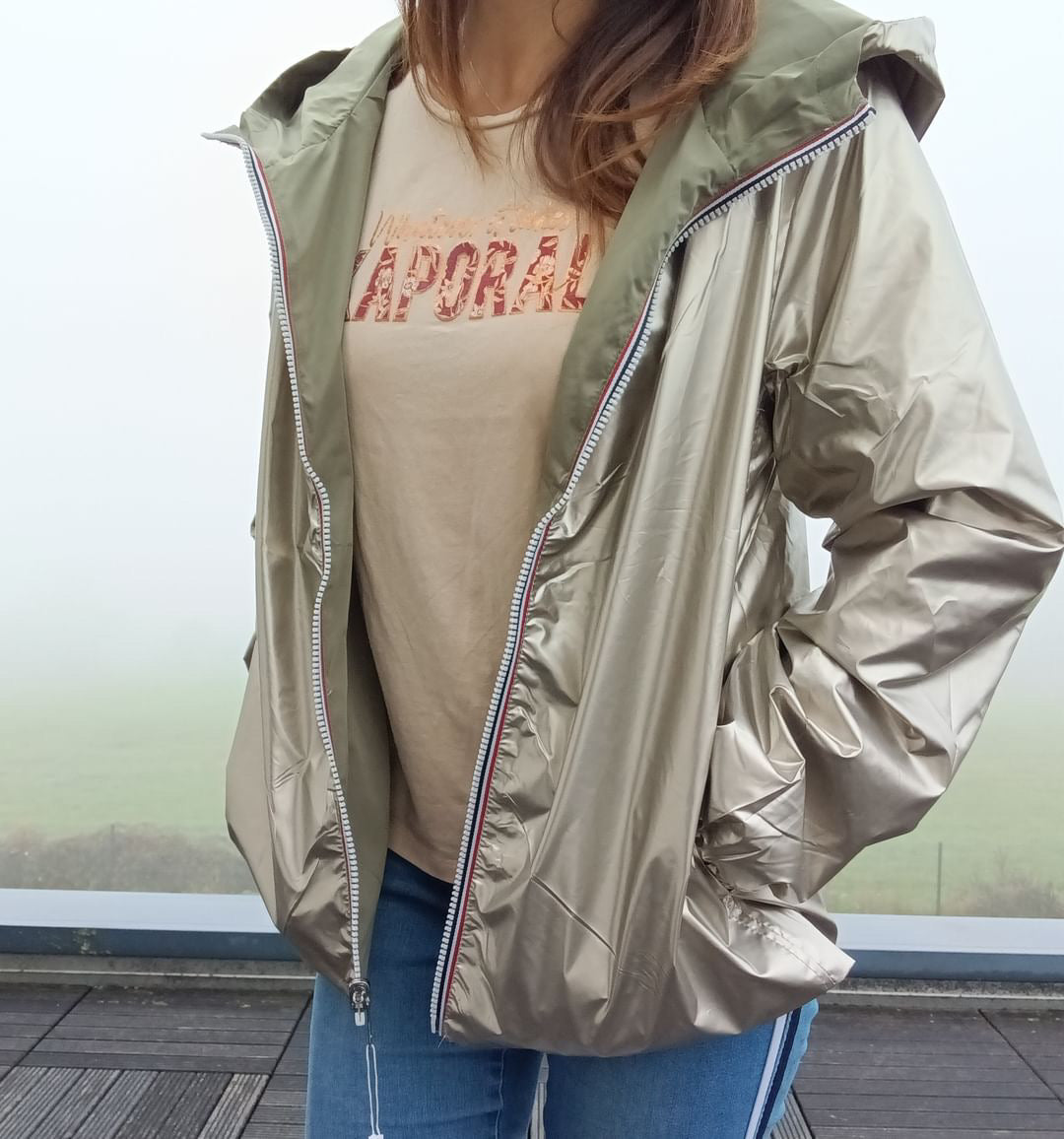 Melya Melody - Manteau court léger imperméable kaki réversible doré