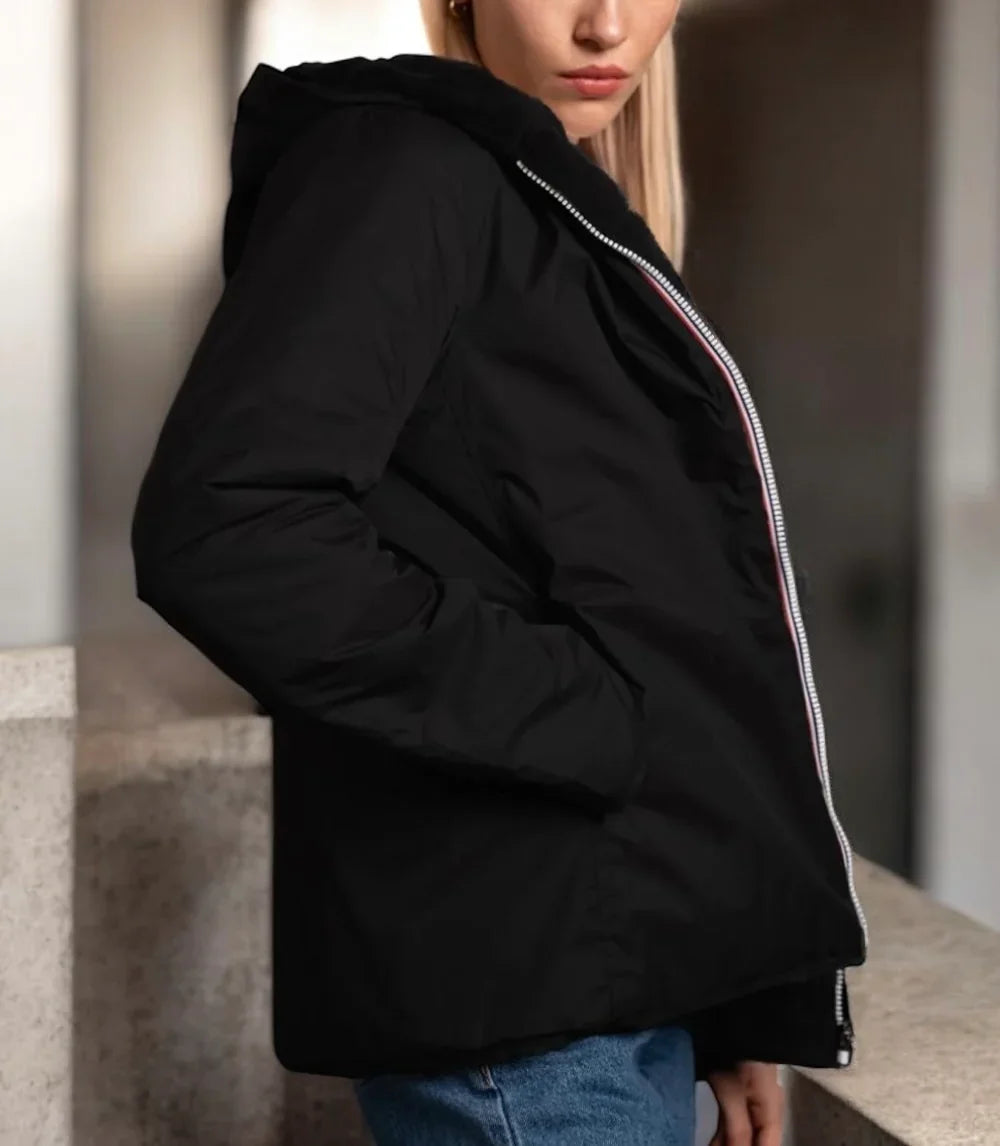 Laura Jo - Manteau imperméable court noir fourré et réversible