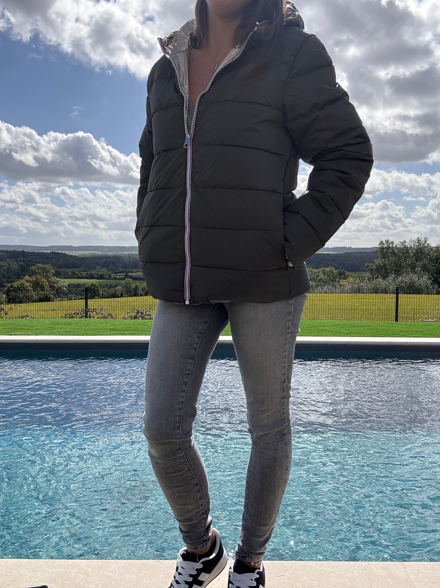 Doudoune manteau imperméable court réversible matelassé kaki doré