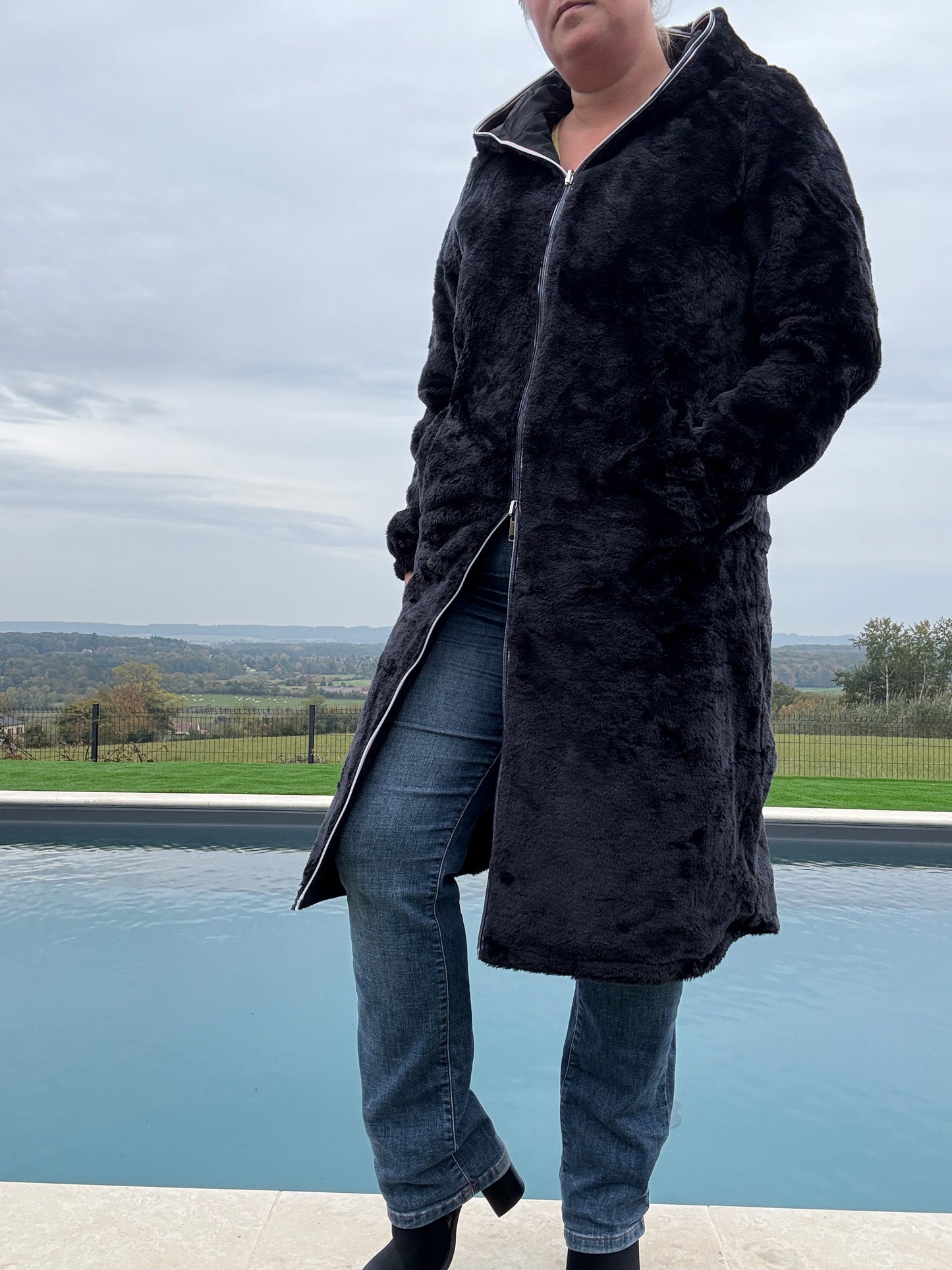 New Lolo - Manteau chaud long hauteur genoux noir fourré complet réversible imperméable