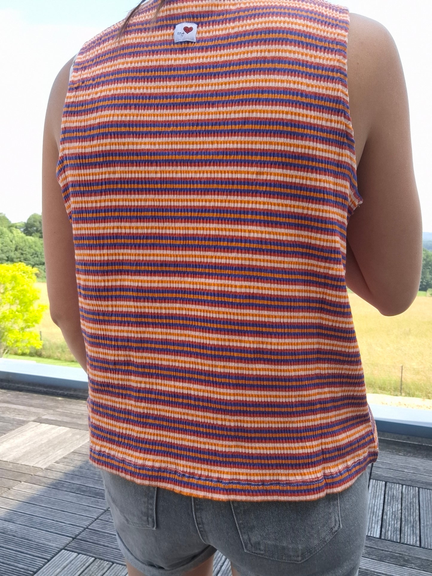 Débardeur à rayures brun/jaune upcyclé en coton/lin