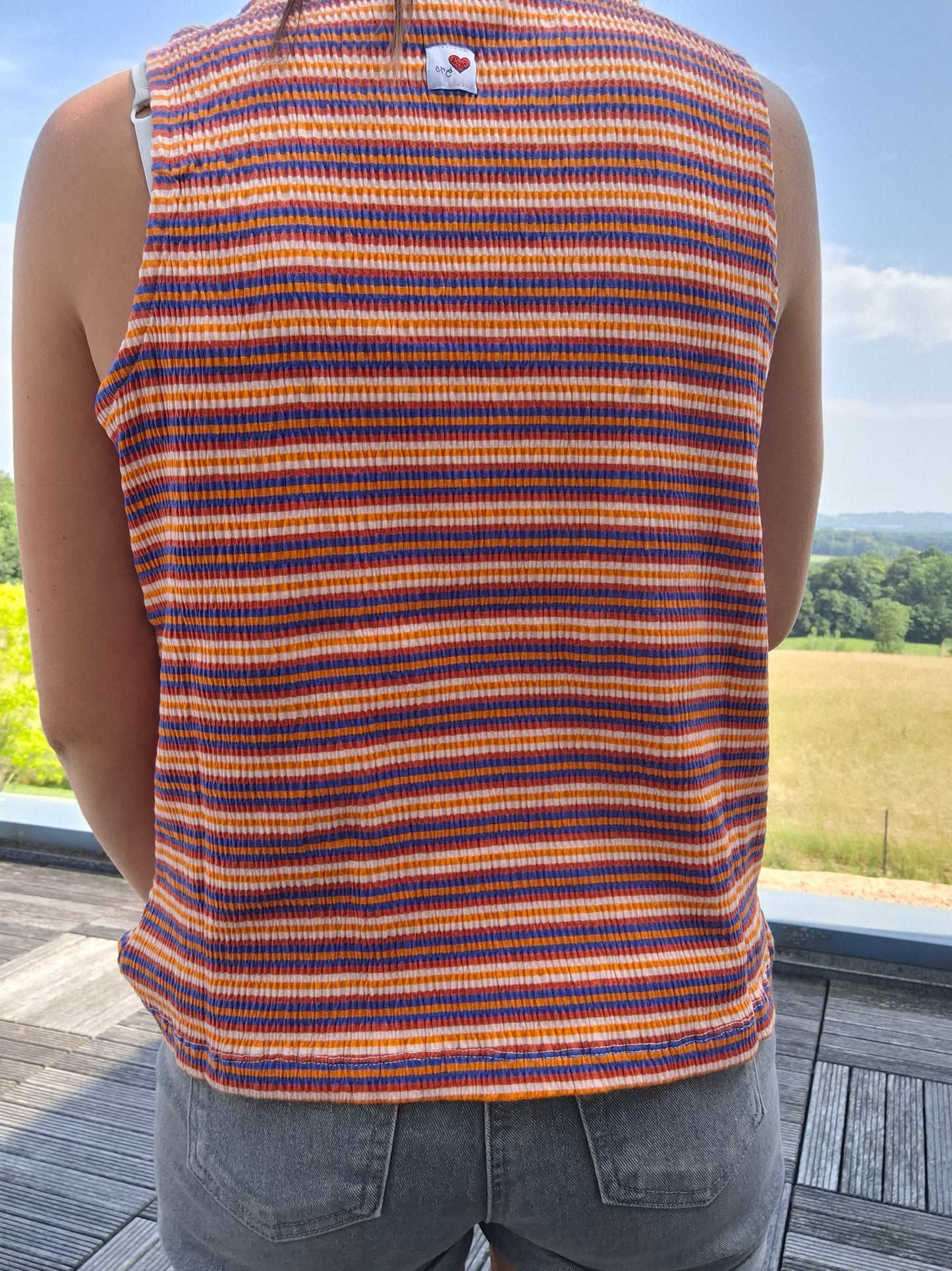 Débardeur à rayures brun/jaune upcyclé en coton/lin