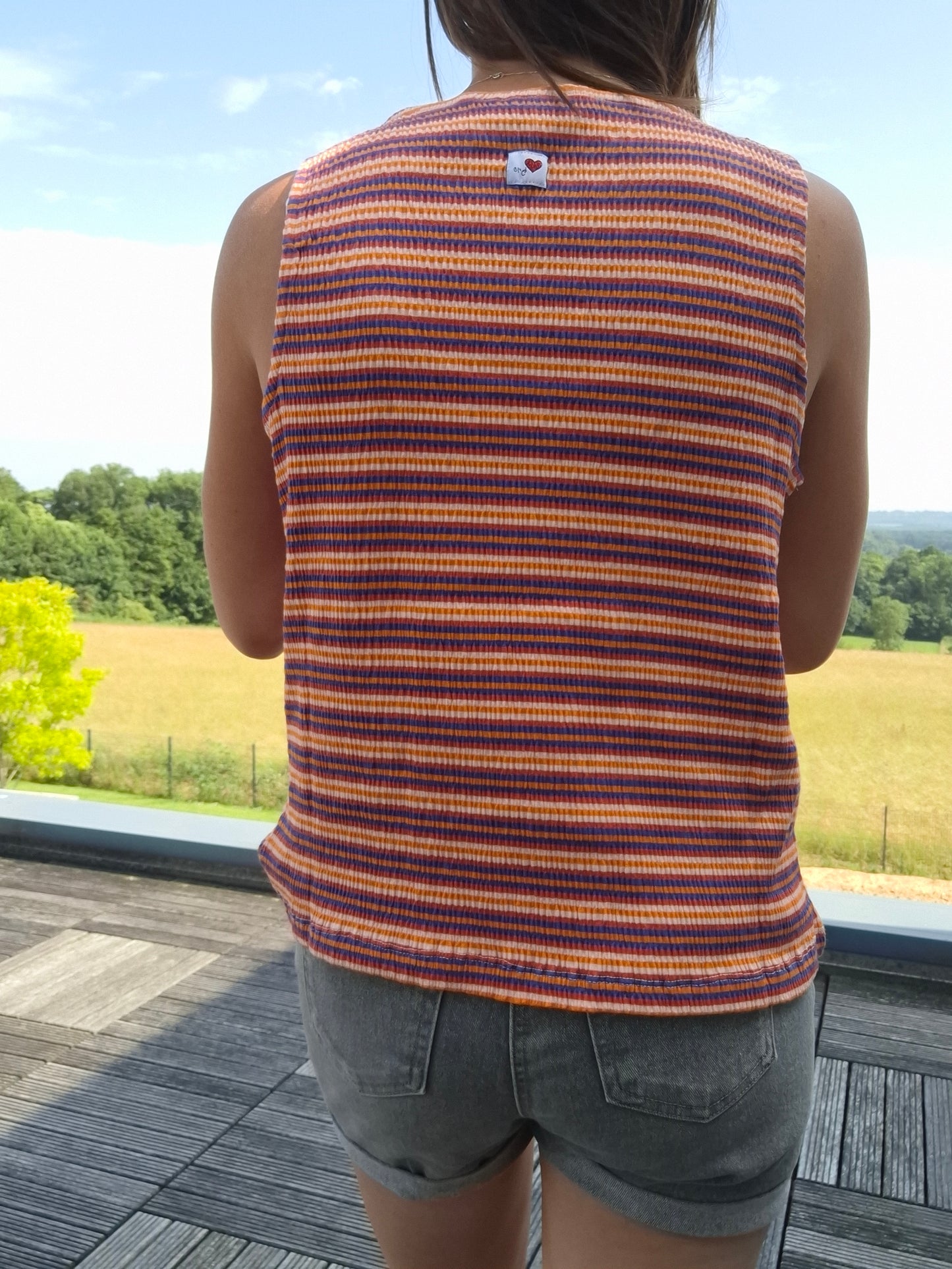 Débardeur à rayures brun/jaune upcyclé en coton/lin