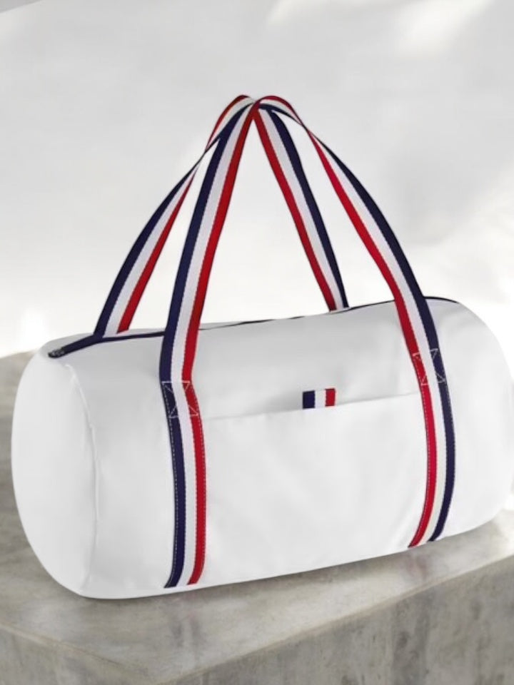 Sac polochon en tissu coton blanc détails rayés tricolores