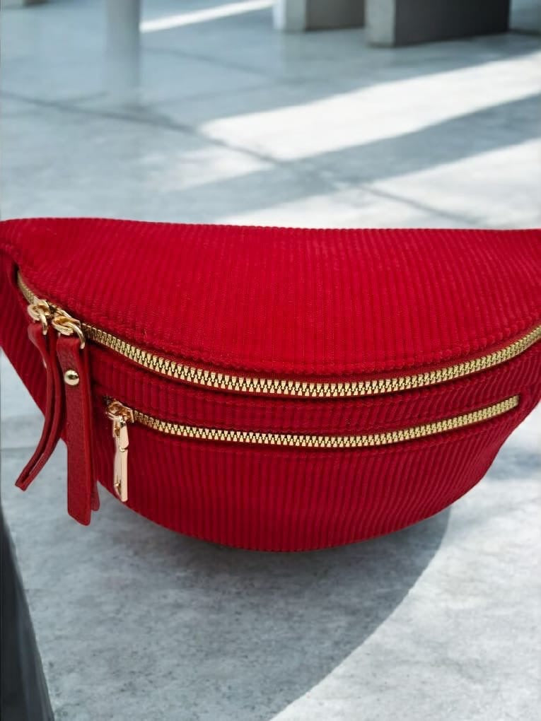 Sac banane velours côtelé 2 poches rouge sangle fantaisie