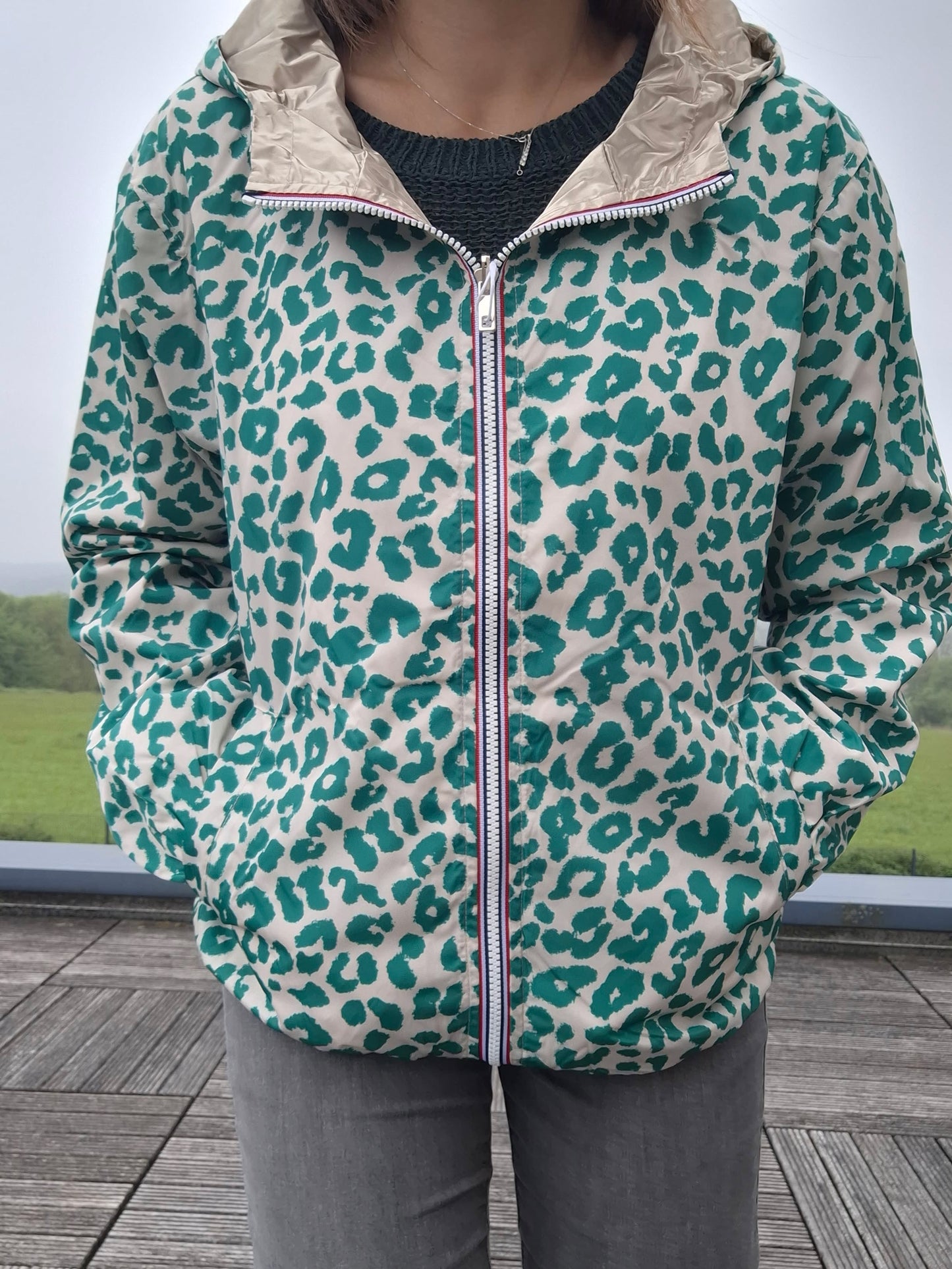 Escandelle - Parka imperméable courte Léopard vert réversible doré