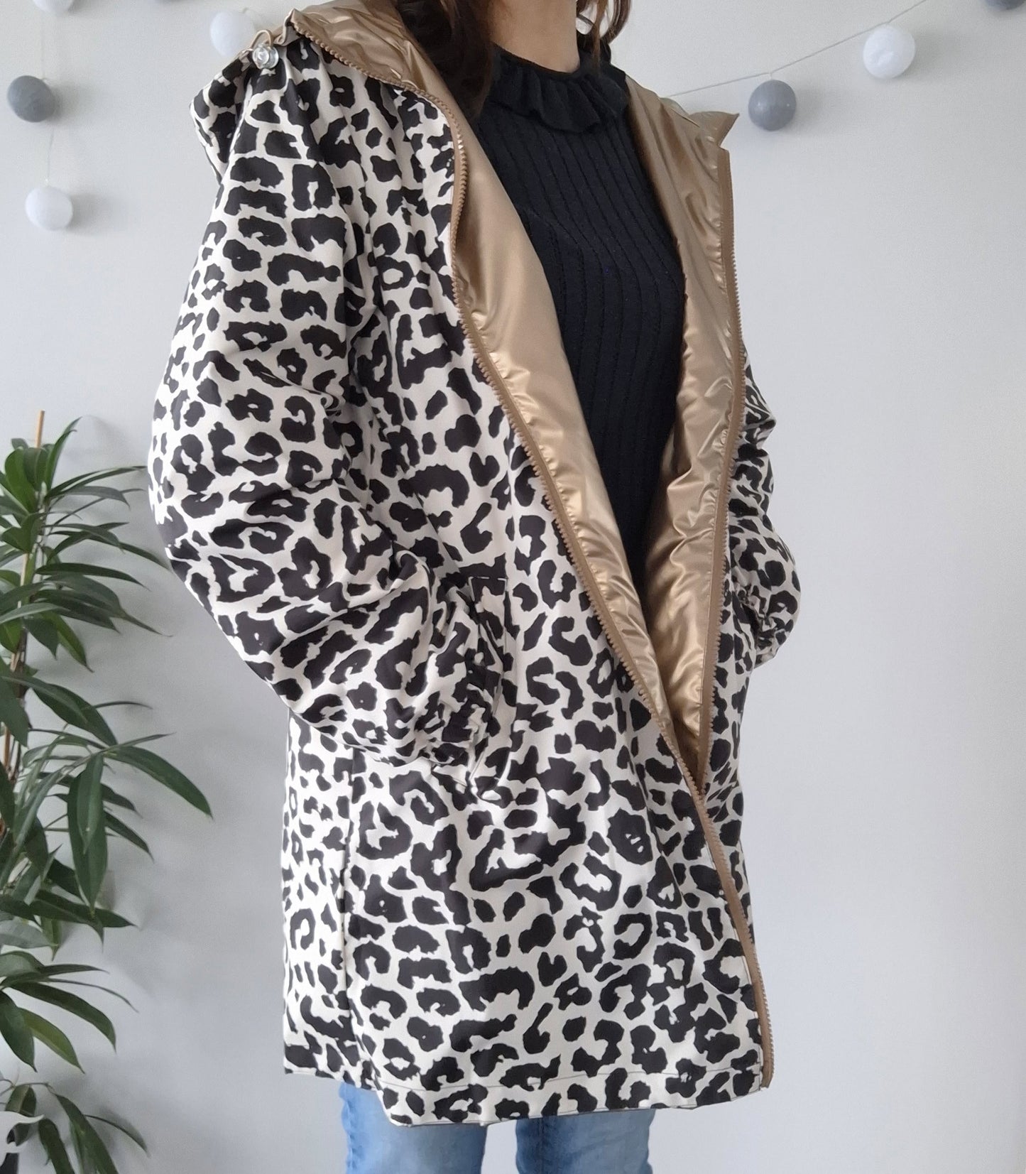 Attrait Paris - Manteau long sans ouate imperméable doré réversible avec motif léopard avec capuche