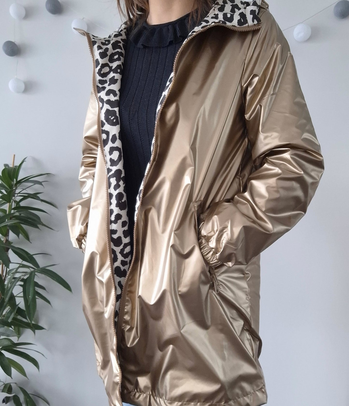 Attrait Paris - Manteau long sans ouate imperméable doré réversible avec motif léopard avec capuche