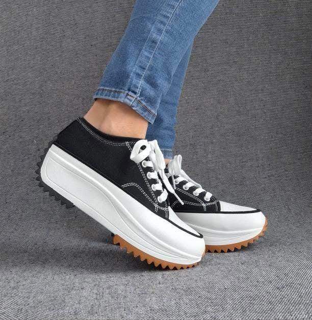 Chaussures baskets basses plate-forme toile noir et blanc