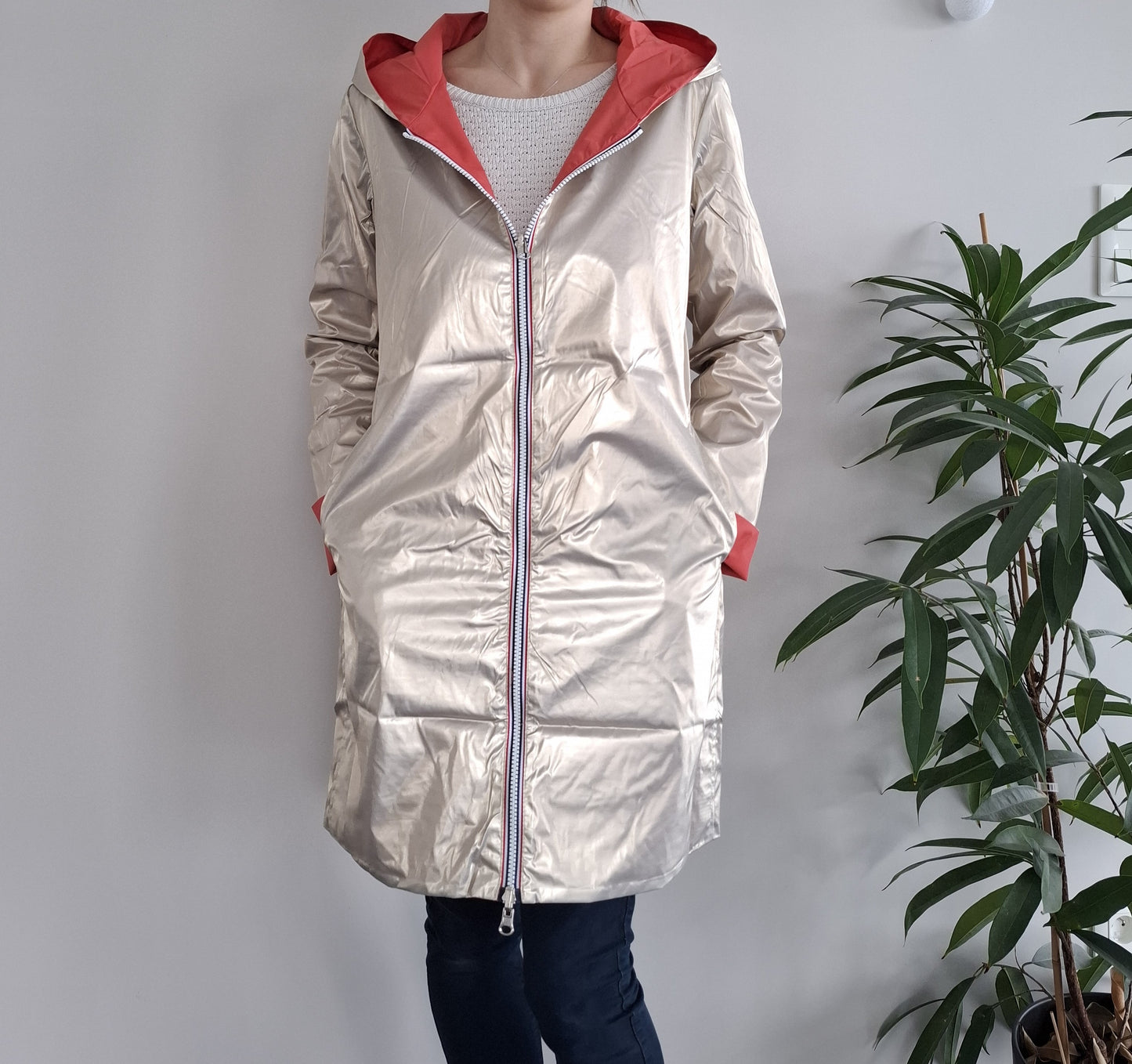 Laura Jo - Imperméable réversible long sans garnissage ouate couleur corail/doré