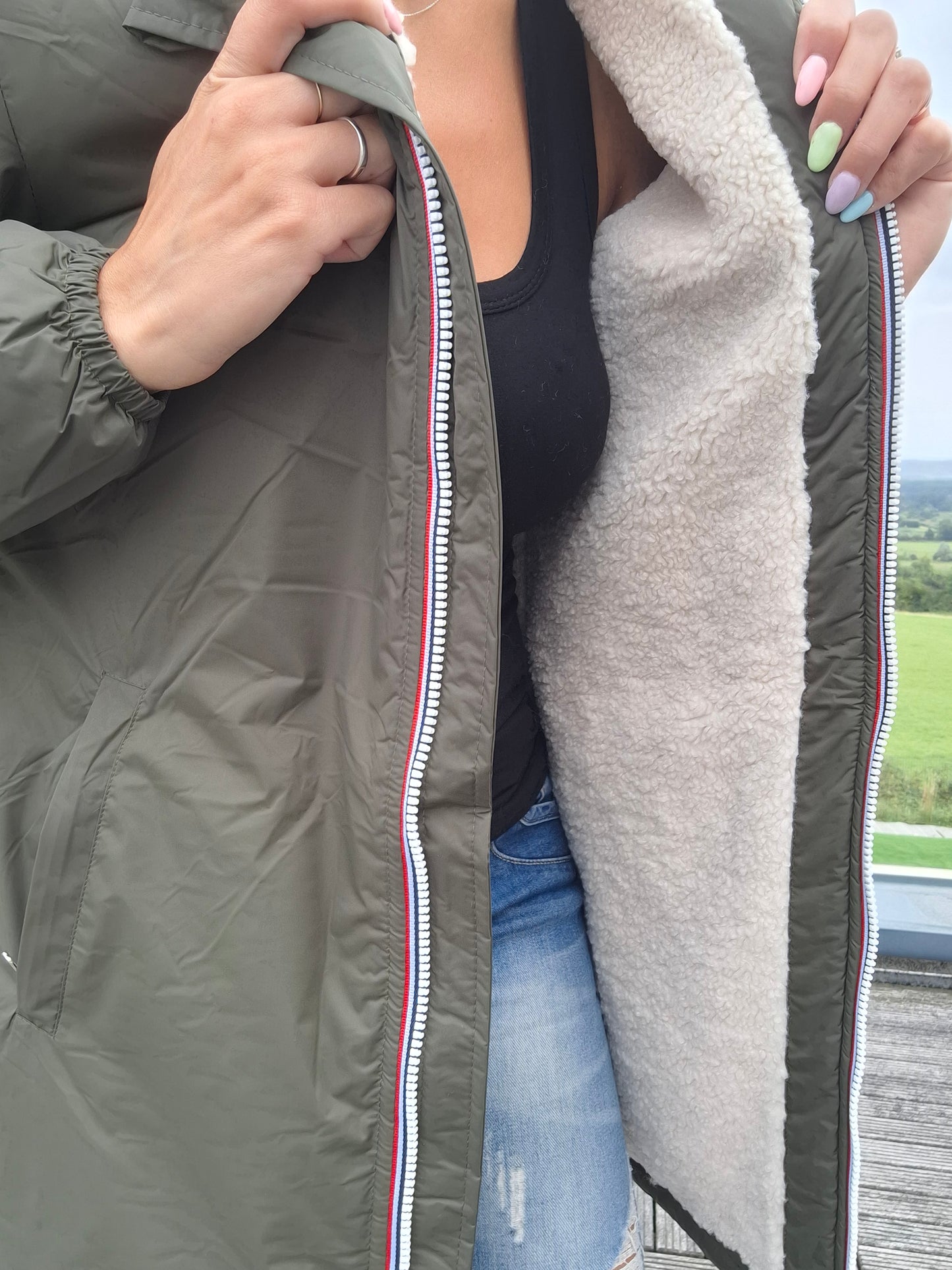 Laura Jo - Imperméable fourré long fausse fourrure kaki intérieur sherpa beige