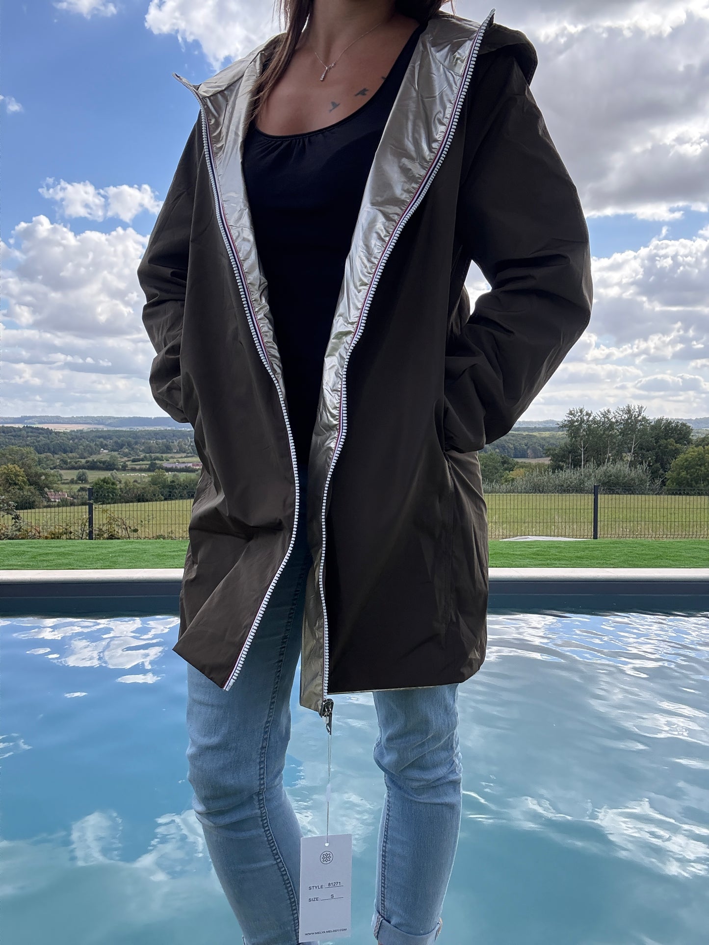 Melya Melody - Manteau léger long réversible imperméable noir doré Curvy