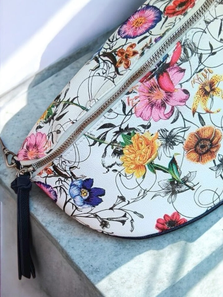 Sac banane simili cuir fleuri multicolore et noir