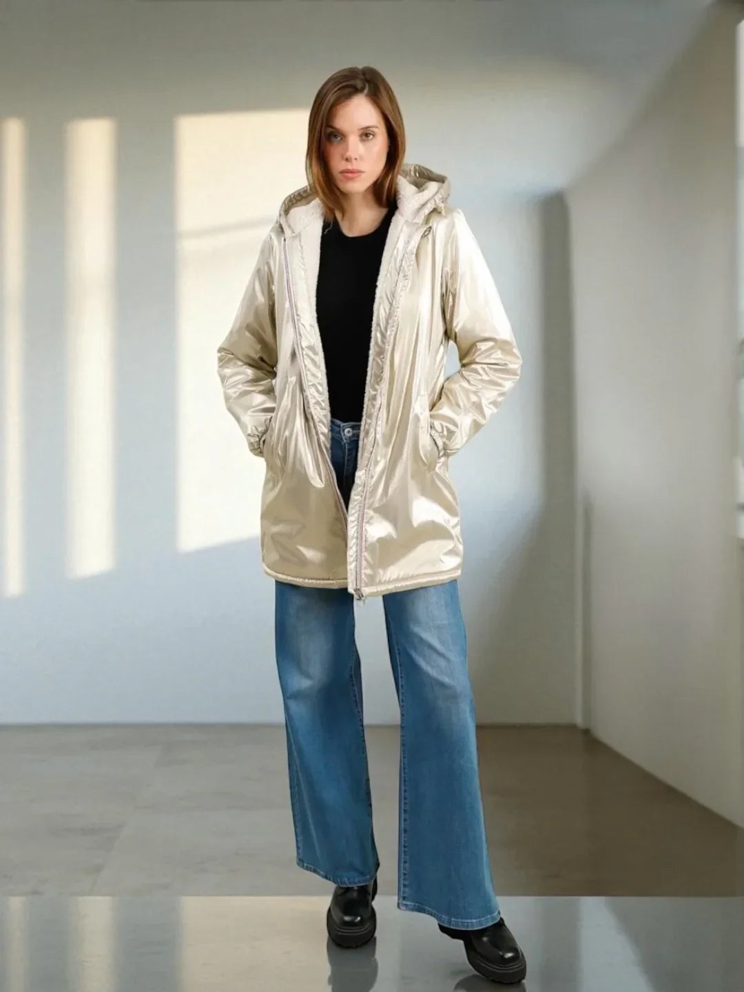 Laura Jo - Imperméable fourré long fausse fourrure doré intérieur sherpa beige