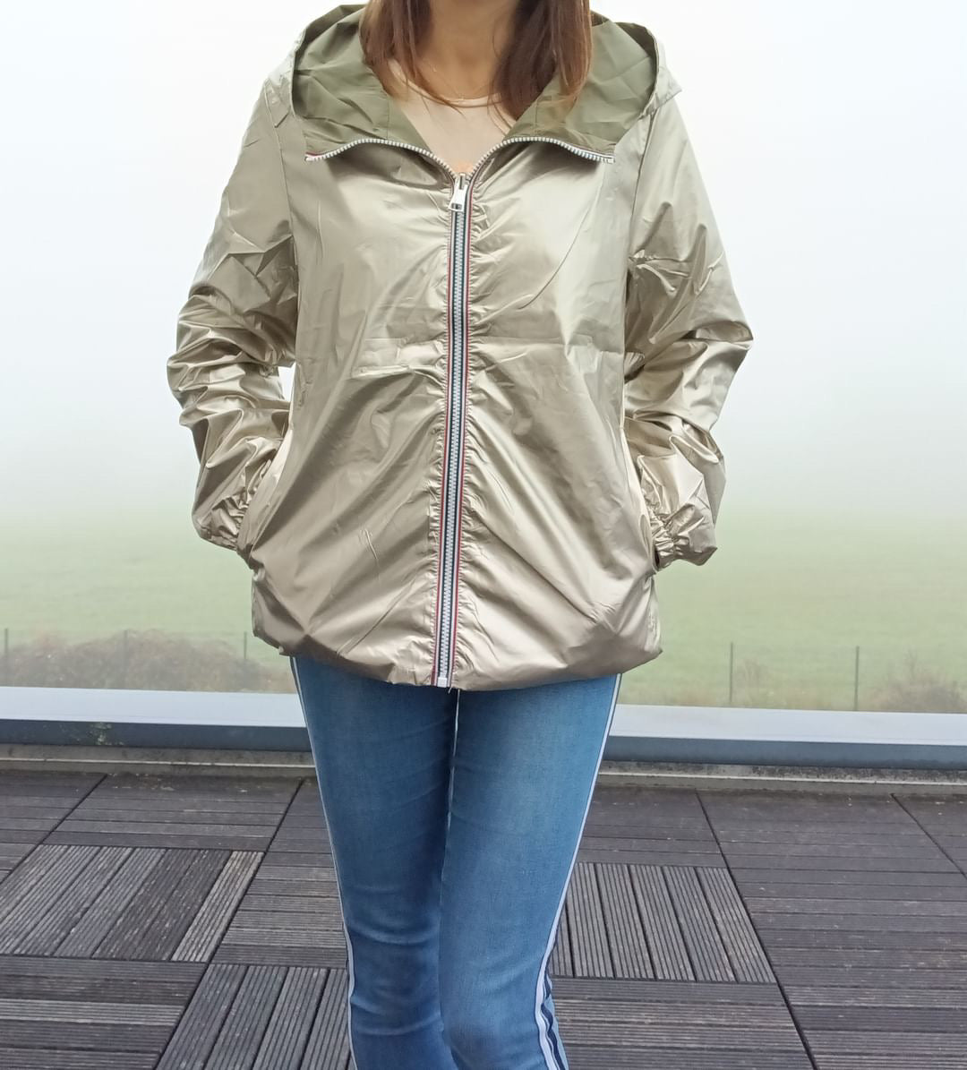 Melya Melody - Manteau court léger imperméable kaki réversible doré