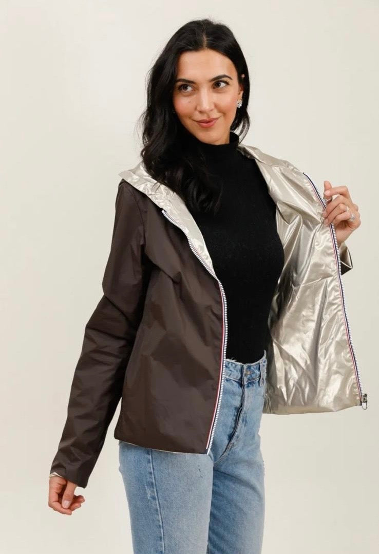 Laura Jo - Imperméable réversible court sans garnissage ouate mi-saison couleur marron chocolat/doré