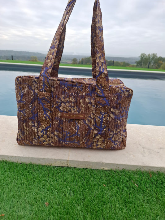 Sac week-end polochon en coton matelassé marron liberty fleuris beige et bleu