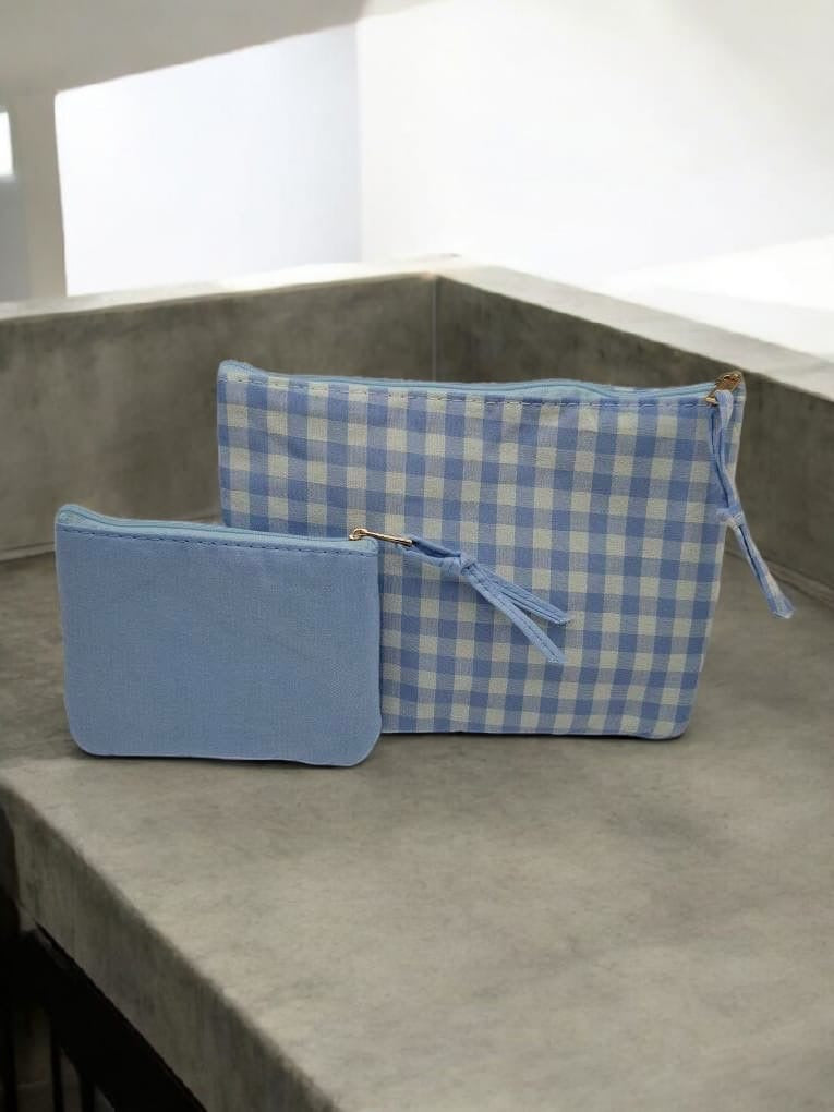 Pochette et trousse en coton vichy motifs à carreaux bleu et crème