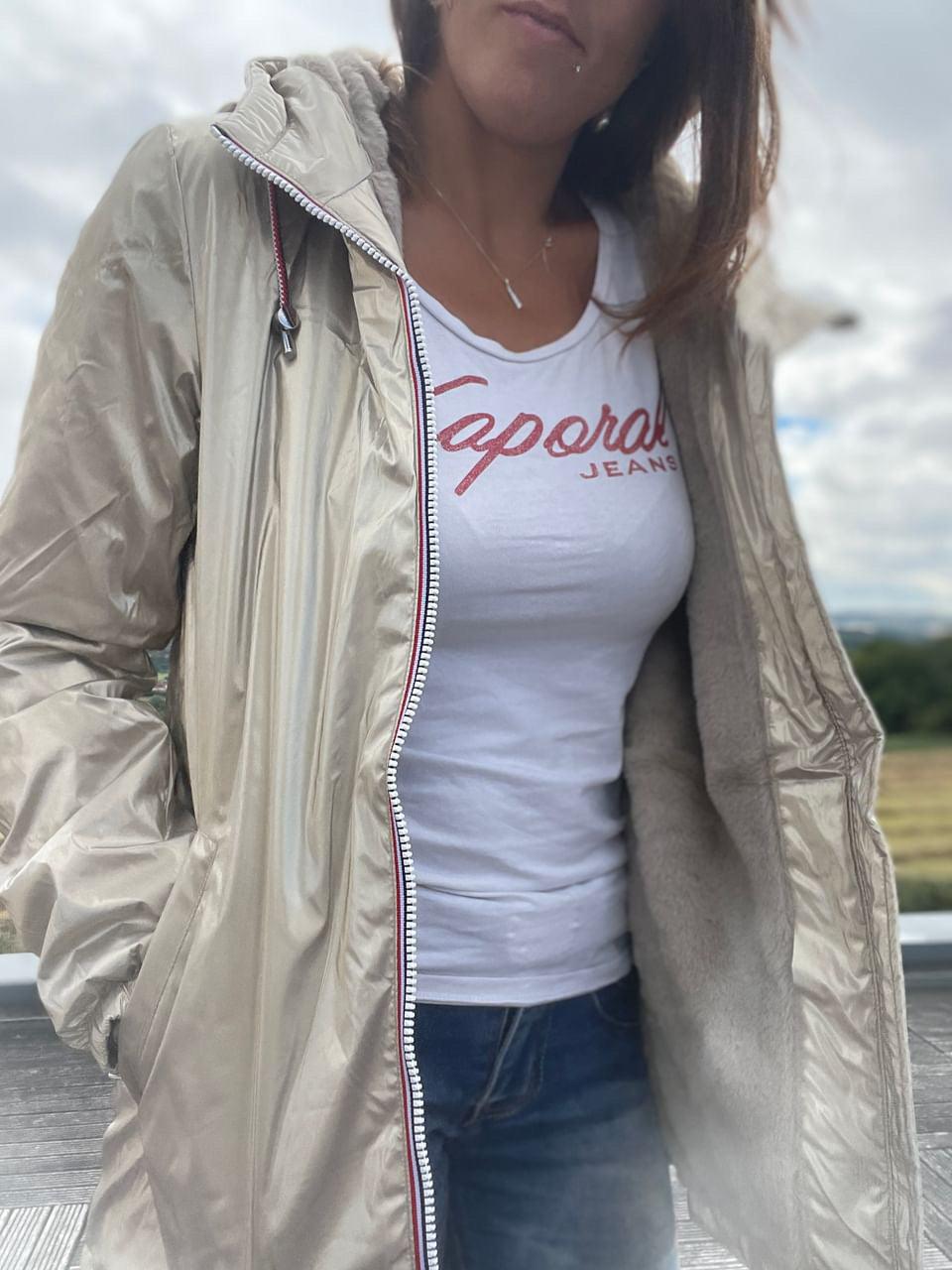 Laura Jo - Imperméable mi long doublé en fausse fourrure cordon tricolore couleur doré