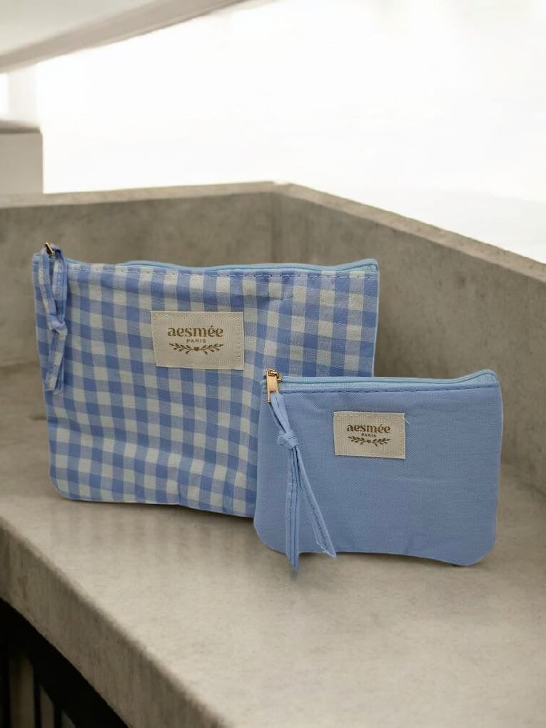 Pochette et trousse en coton vichy motifs à carreaux bleu et crème