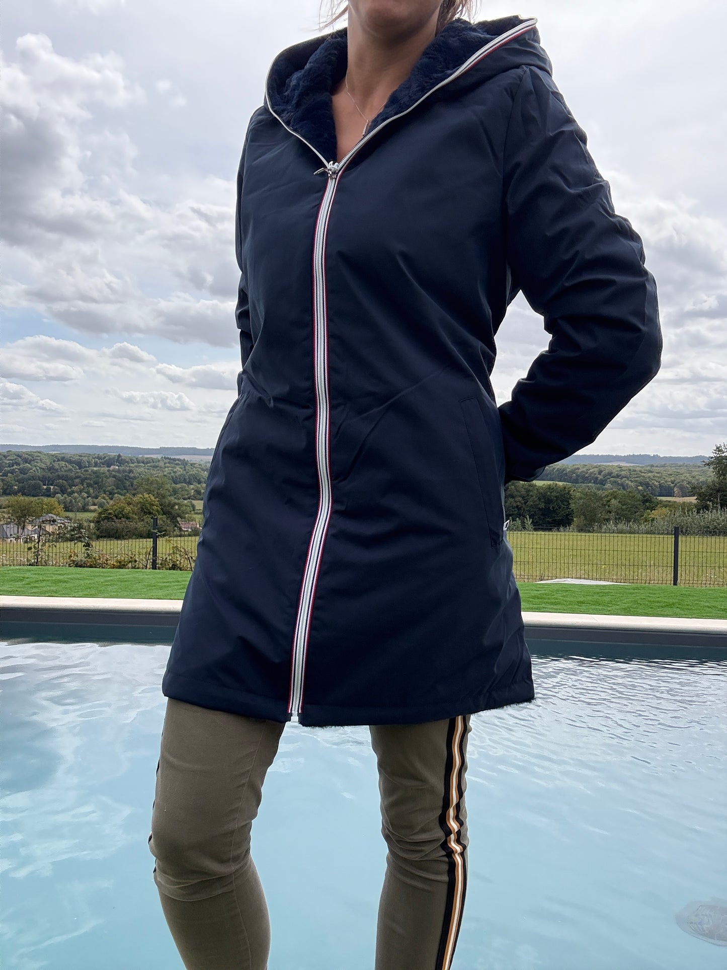New Lolo - Manteau long bleu marine réversible imperméable fourré fausse fourrure - Curvy