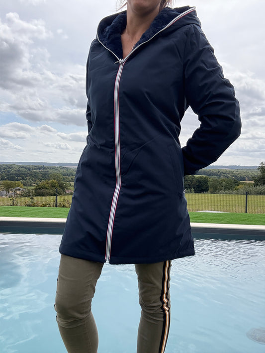 New Lolo - Manteau long bleu marine réversible imperméable fourré fausse fourrure - Curvy