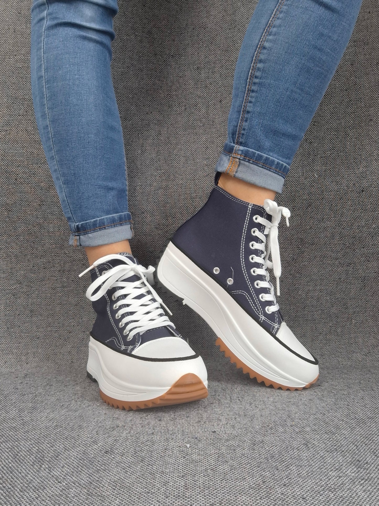 Chaussures baskets haute plate-forme toile bleu marine et blanc
