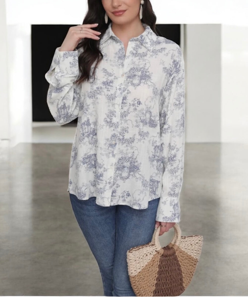 Chemise coton manches longues blanche avec motifs bleu marine