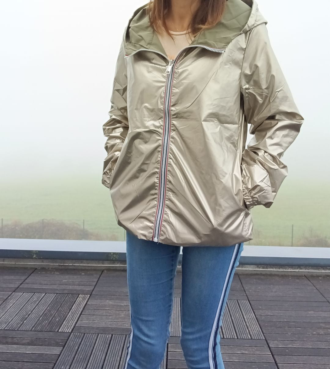Melya Melody - Manteau court léger imperméable kaki réversible doré
