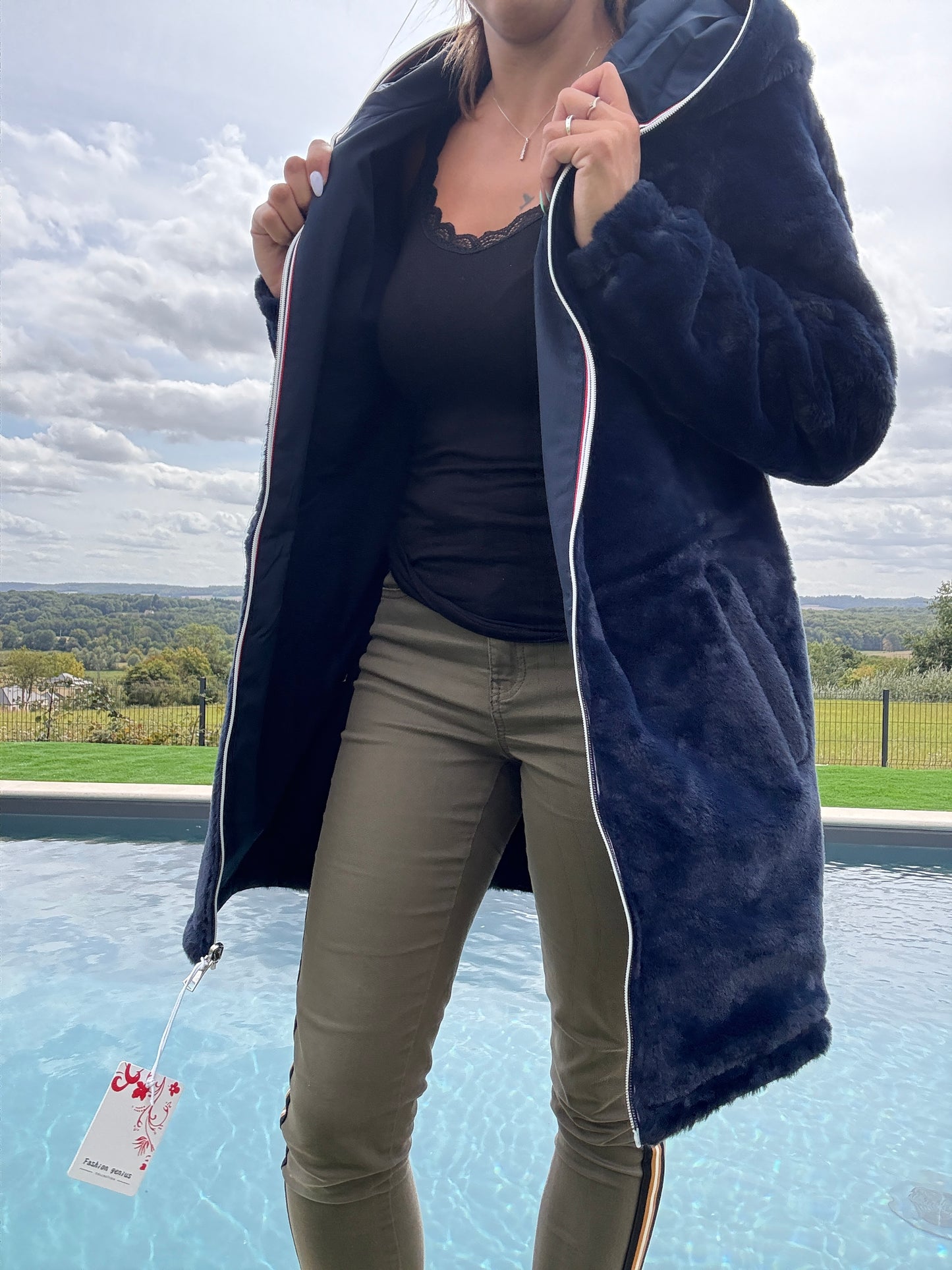 New Lolo - Manteau long bleu marine réversible imperméable fourré fausse fourrure - Curvy