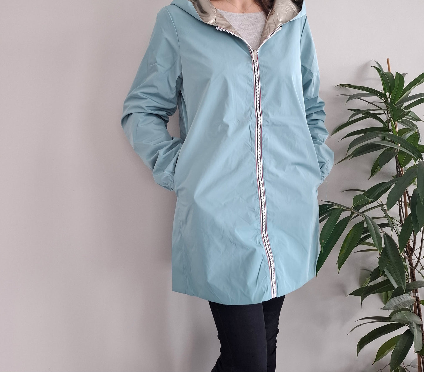 Melya Melody - Imperméable réversible mi-long sans garnissage ouate couleur bleu ciel/doré