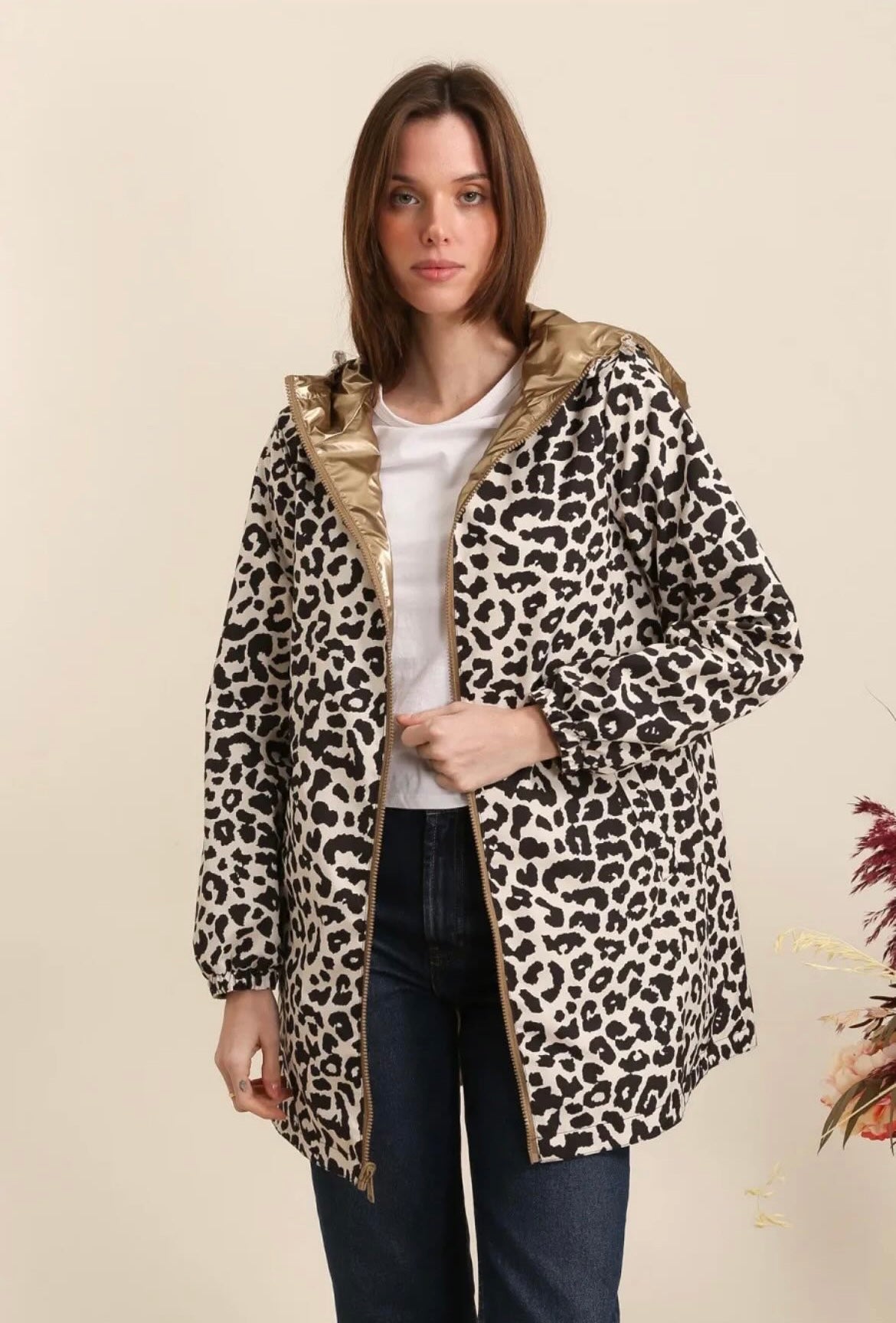 Attrait Paris - Manteau long sans ouate imperméable doré réversible avec motif léopard avec capuche