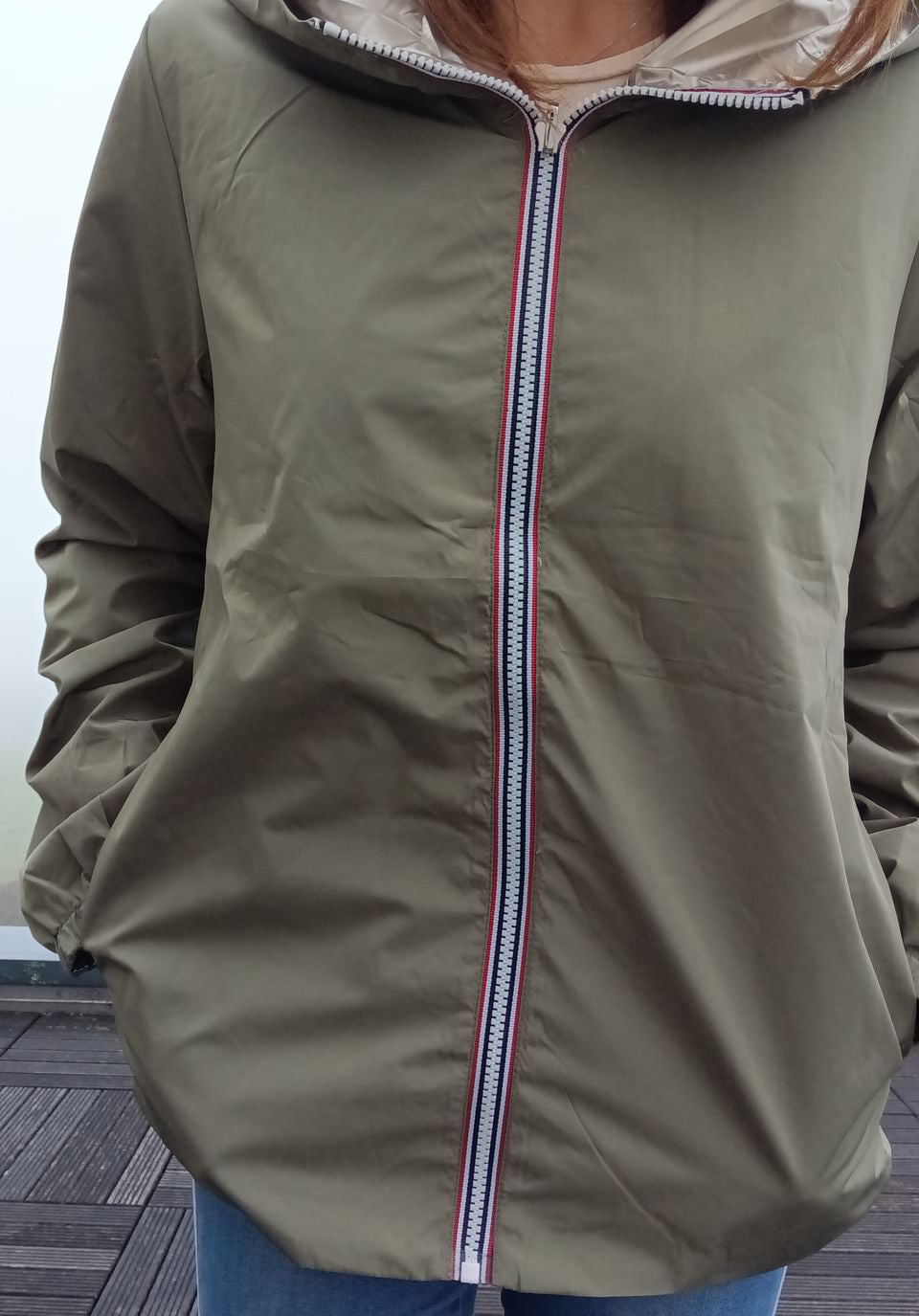 Melya Melody - Manteau court léger imperméable kaki réversible doré