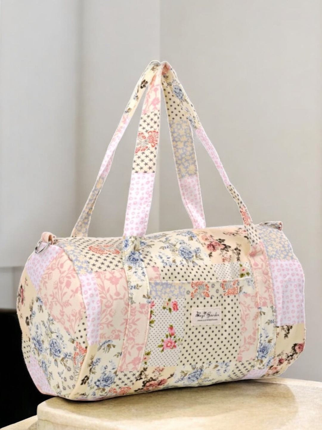 Sac polochon week end de voyage en tissu coton patchwork multicolore fleuri bleu clair orange