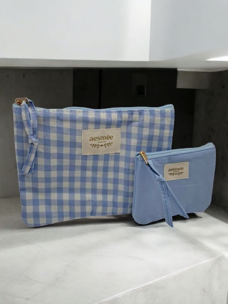 Pochette et trousse en coton vichy motifs à carreaux bleu et crème