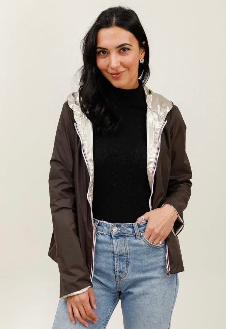 Laura Jo - Imperméable réversible court sans garnissage ouate mi-saison couleur marron chocolat/doré