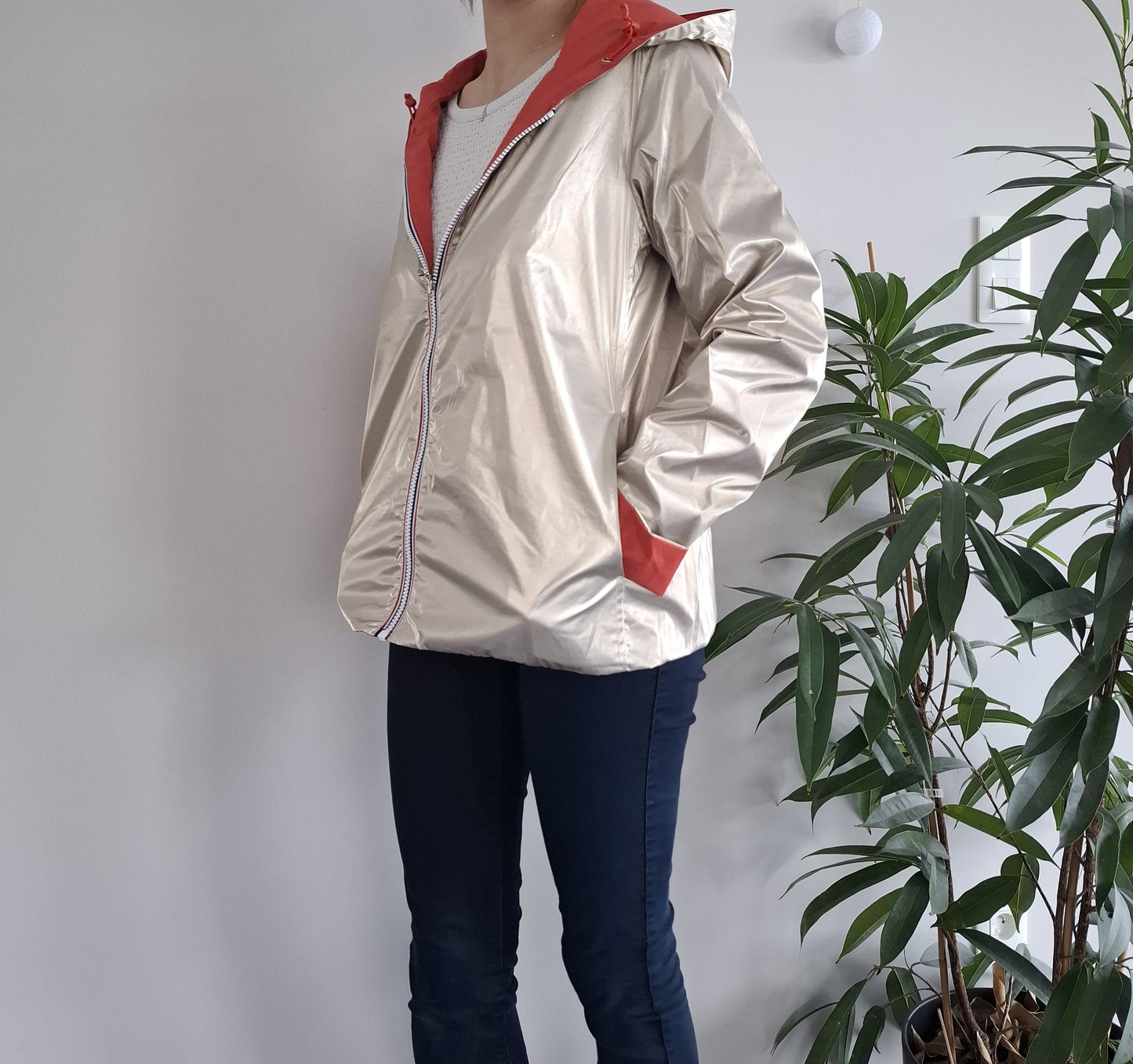 Laura Jo - Imperméable réversible court sans garnissage ouate couleur corail/doré