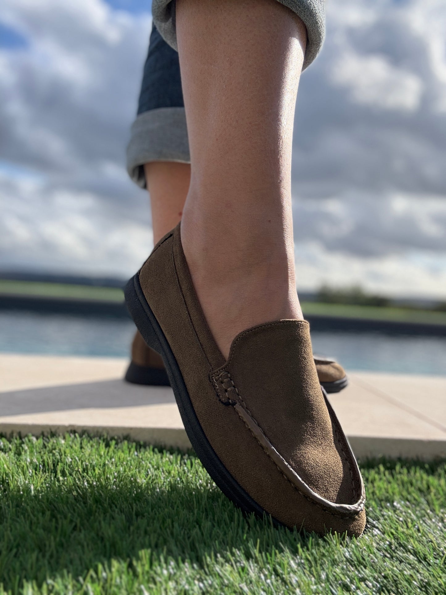 Chaussures mocassins bateau toucher daim vert kaki