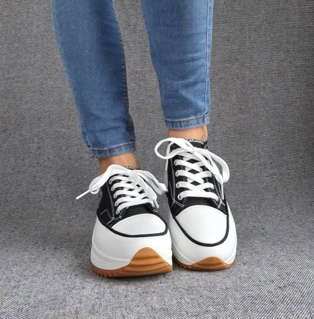 Chaussures baskets basses plate-forme toile noir et blanc