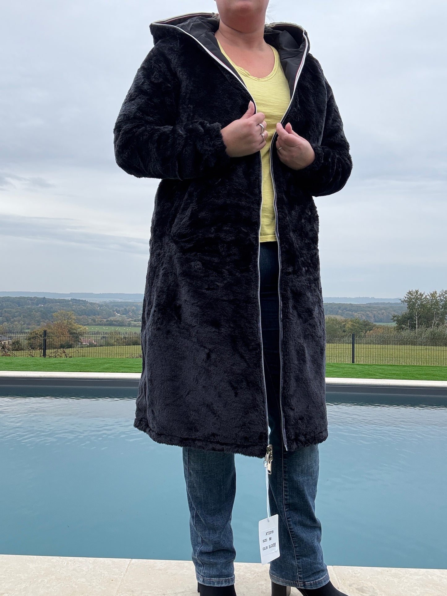 New Lolo - Manteau chaud long hauteur genoux noir fourré complet réversible imperméable