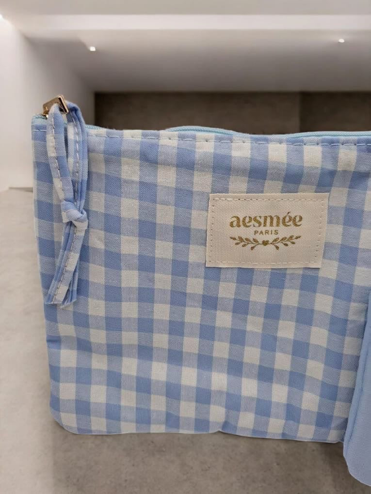 Pochette et trousse en coton vichy motifs à carreaux bleu et crème